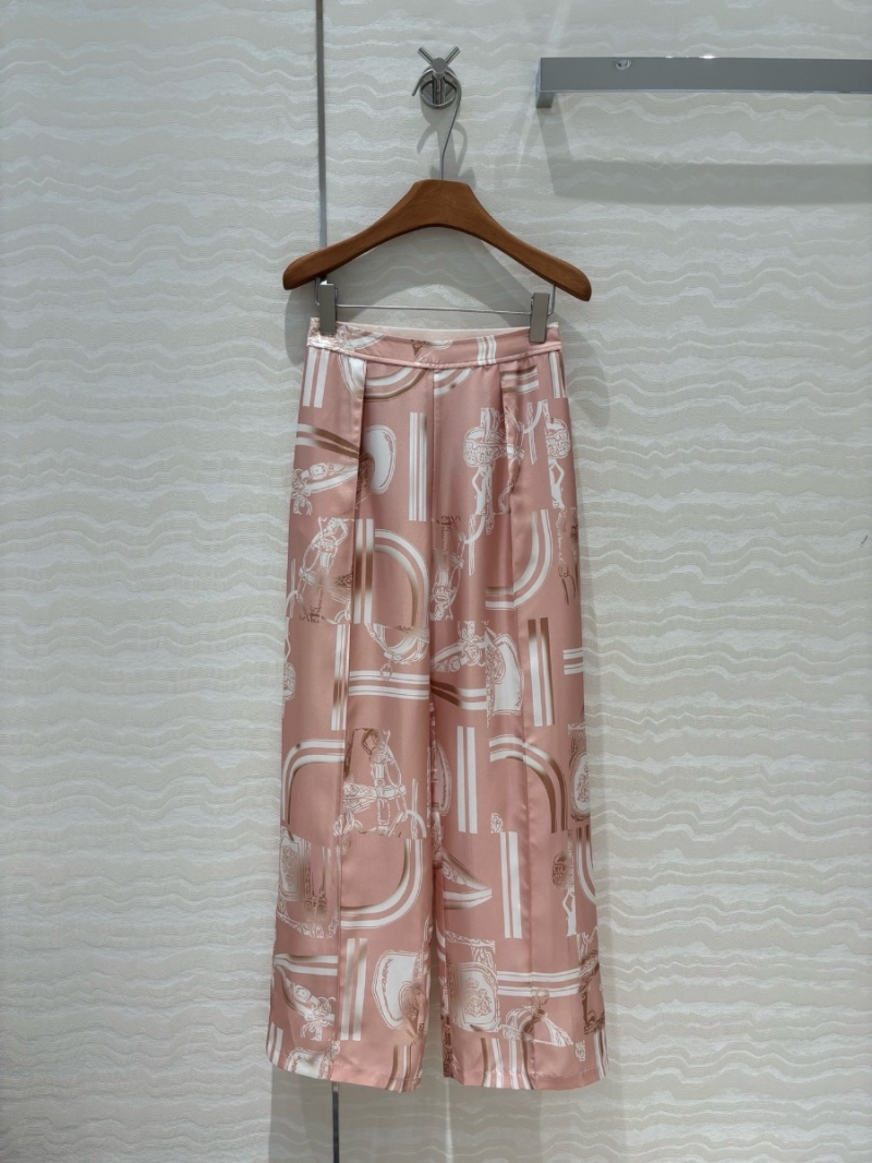 Hermes Exclusive Chain and Rope Print Silk Wide-Leg Pants Pink