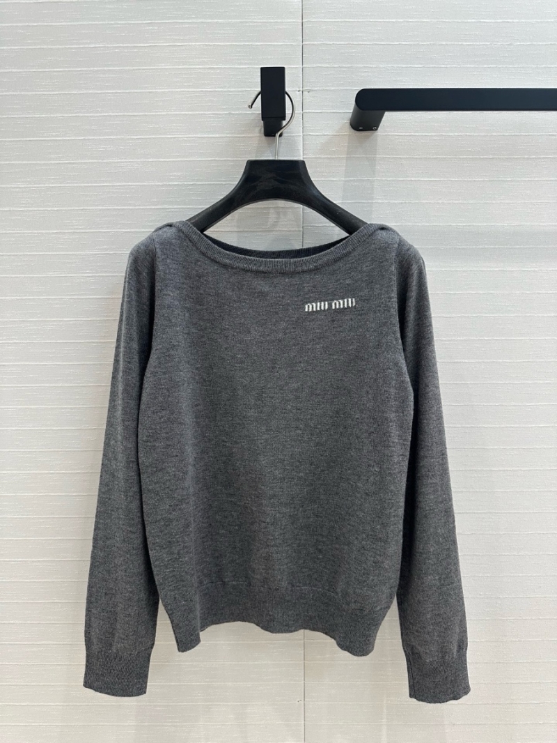 Miumiu 2025SS Early Spring Logo Cashmere Off-Shoulder Top Grey