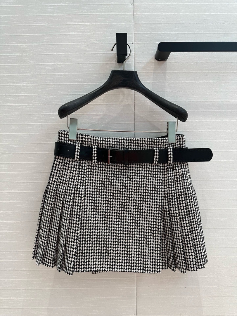 Dior Early Spring Leather-Belted Houndstooth Pleated Skirt - Retro Chic