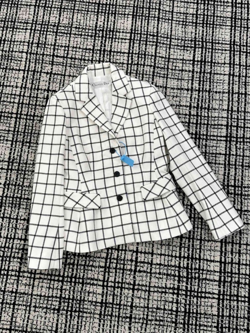 Dior Waist-Tailored Checkered Wool Coat. White Checkered