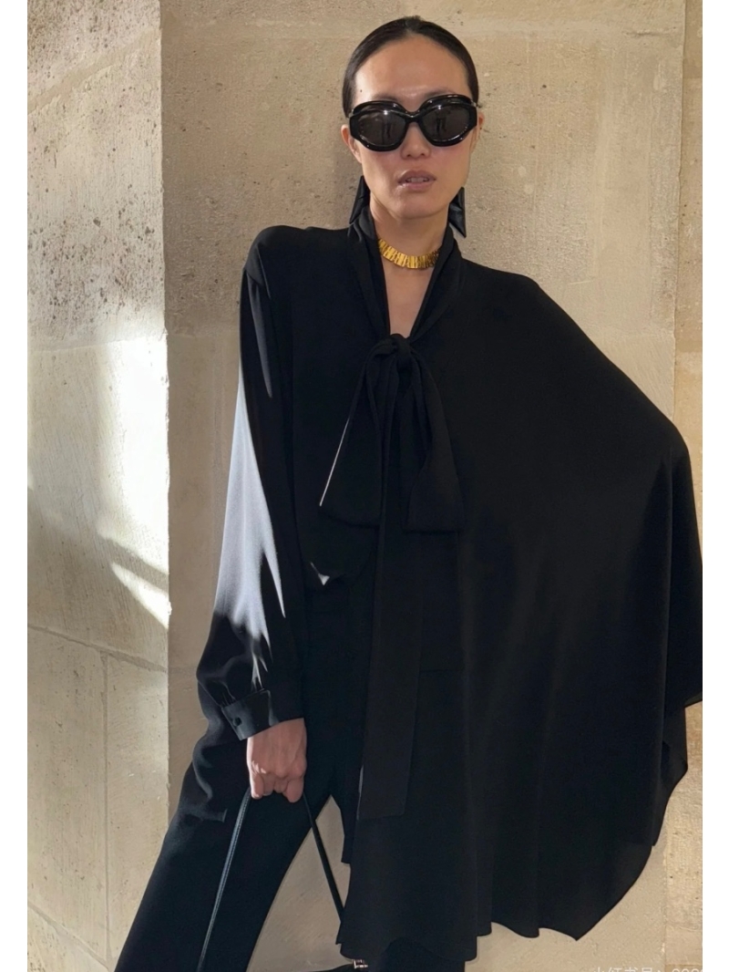 Balenciaga Elegant Black Ribbon Asymmetric One-Sleeve Blouse