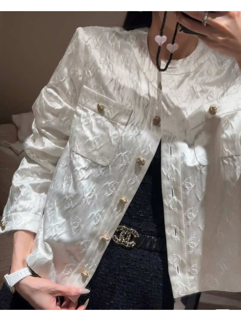 Chanel Luxe Silk Coco Girl White Moonlight Round-Neck Jacket