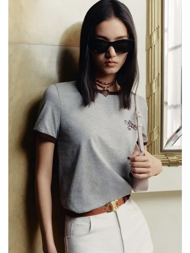 Celine Exclusive University Style Embroidered Short Sleeve T-Shirt in Grey