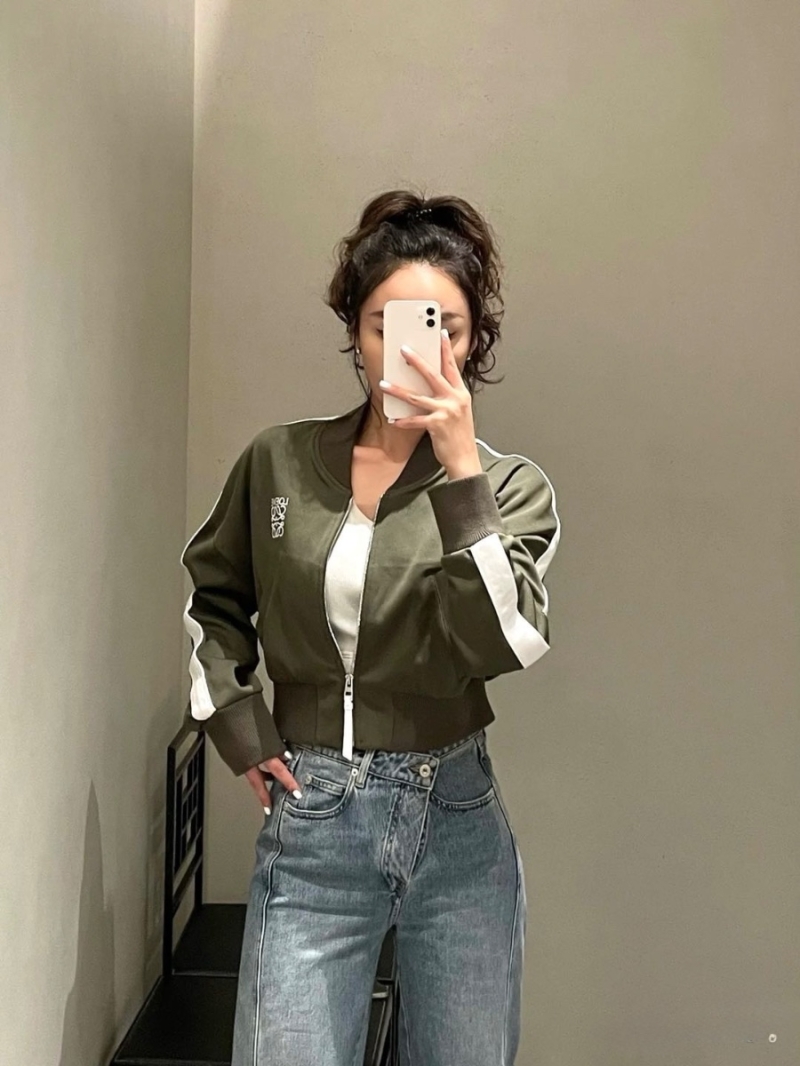 Loewe Logo Embroidered Baseball Cropped Jacket Olive