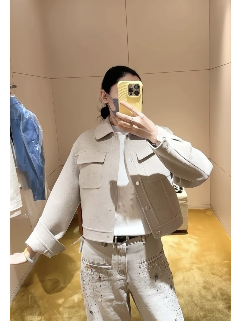 Hermes Exclusive Luxe Cashmere Blend Short Jacket in Almond - Handcrafted Double-Faced Wool with Ribbed Detailing