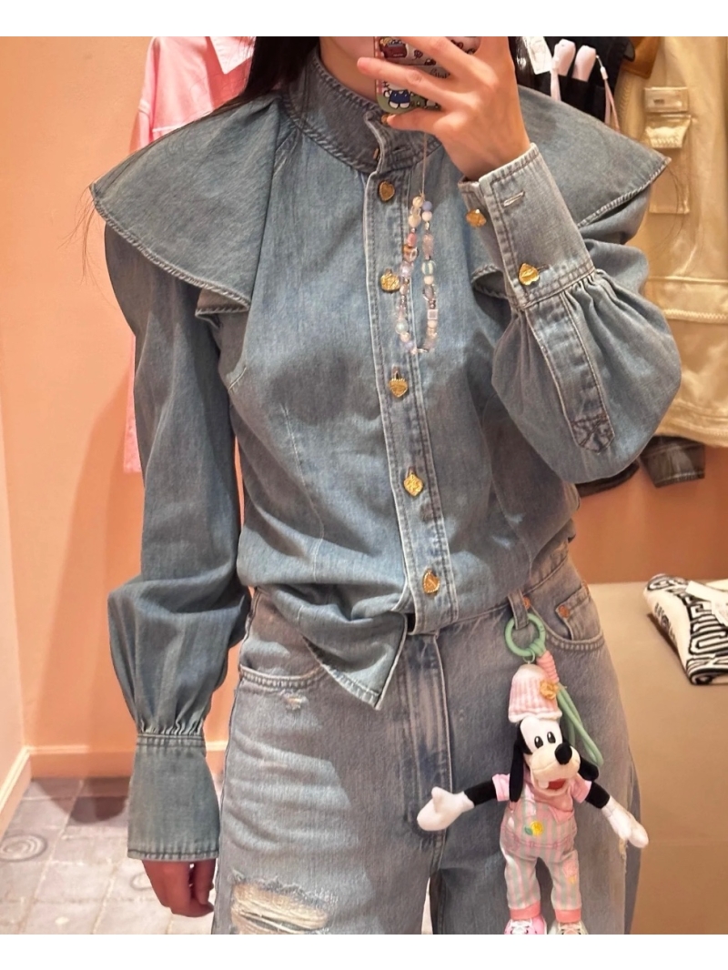 Zimmermann Early Autumn Exclusive: Youthful Asymmetric Gold Button Denim Shirt with Peplum, Lantern Sleeves & Cinched Waist