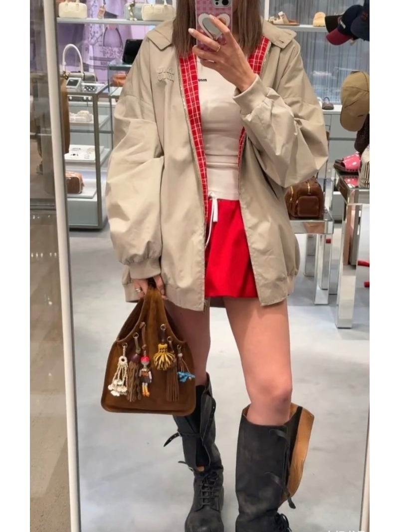 Miu Miu Luxe Khaki & Red Plaid Jacket - Embroidered Logo, Oversized Fit