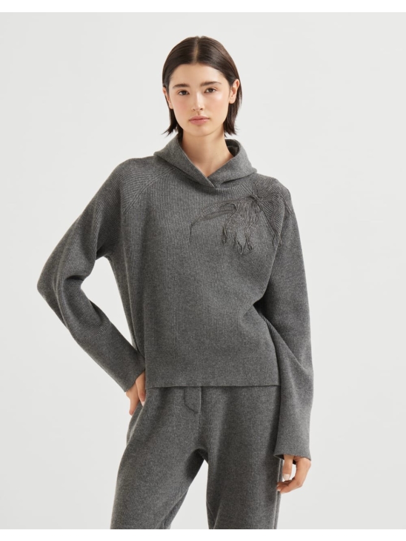 Brunello Cucinelli Exclusive Luxe Cashmere Hoodie with Floral Fringe and Handcrafted Copper Chain Appliqu"s