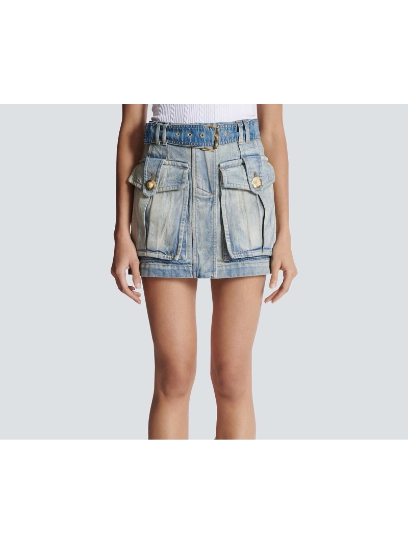 Balmain Early Fall Retro Washed Blue Denim Mini Skirt with Belt and Metal Buttons