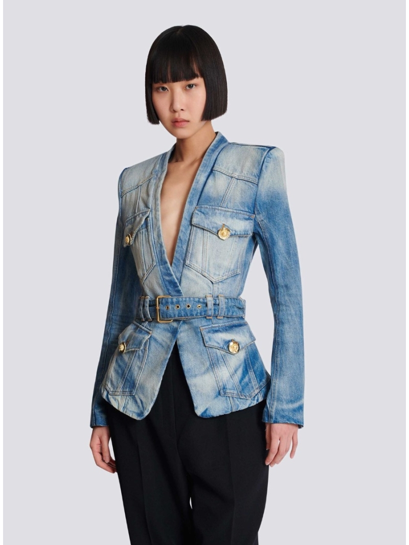Balmain 25 Early Autumn Collection Retro Washed Blue Denim Jacket - V-Neck Belted Design