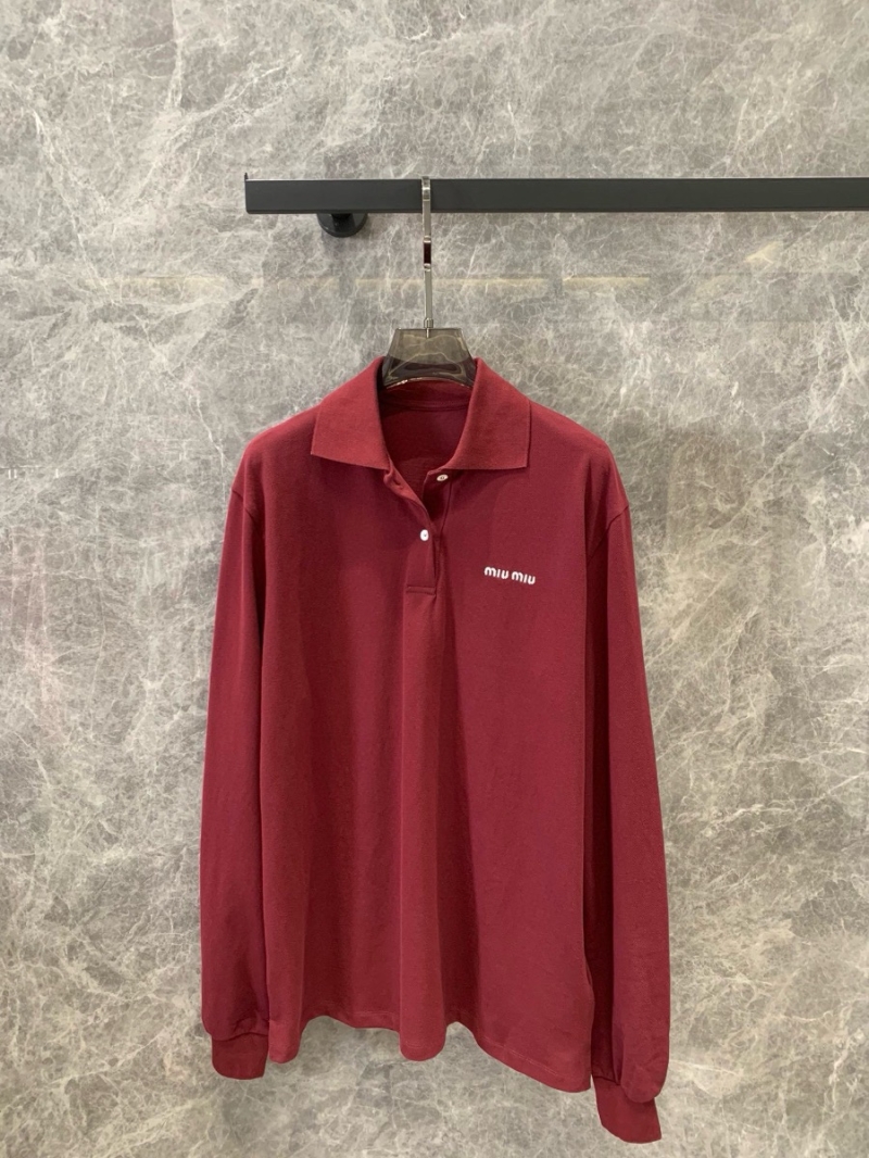Miu Miu 24AW Autumn/Winter Jacquard Logo Piqué Cotton Long Sleeve Polo Shirt Wine