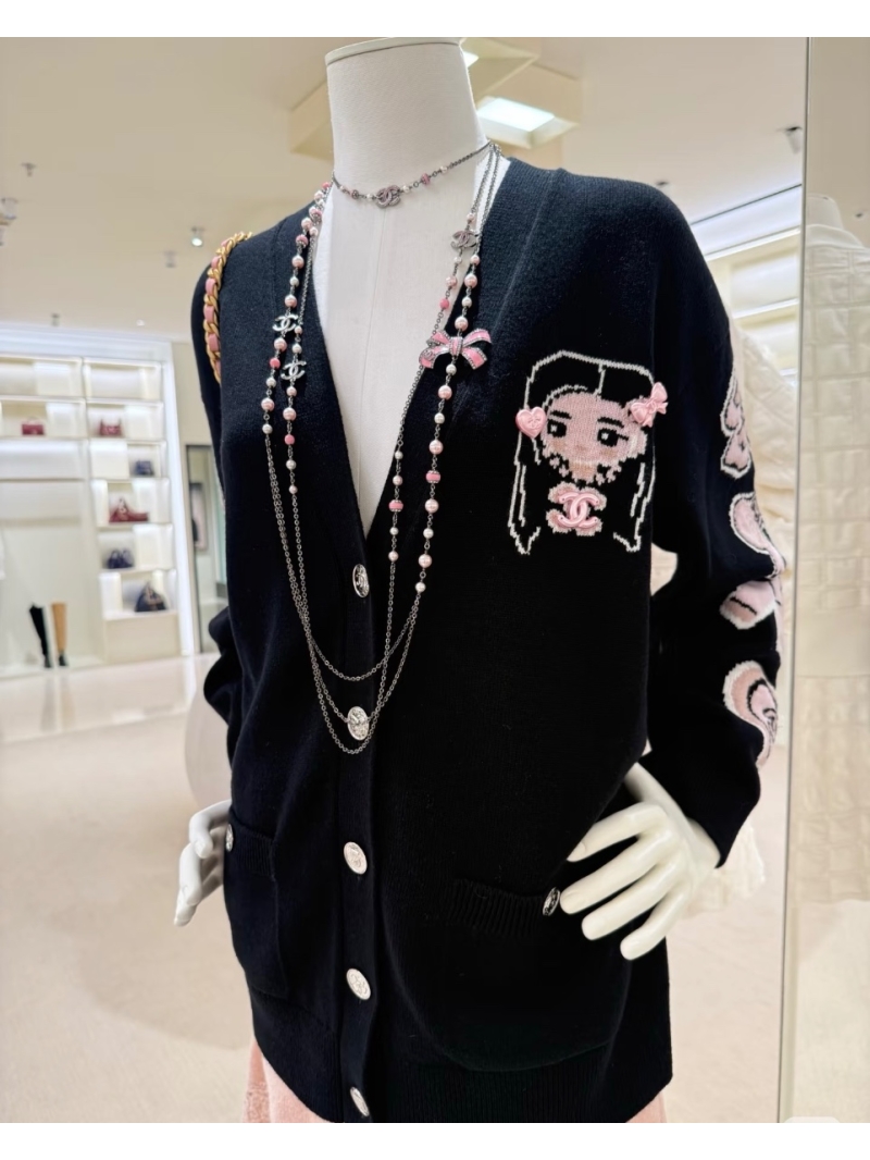 Chanel Exclusive Black & Pink V-Neck Cartoon Print Cardigan