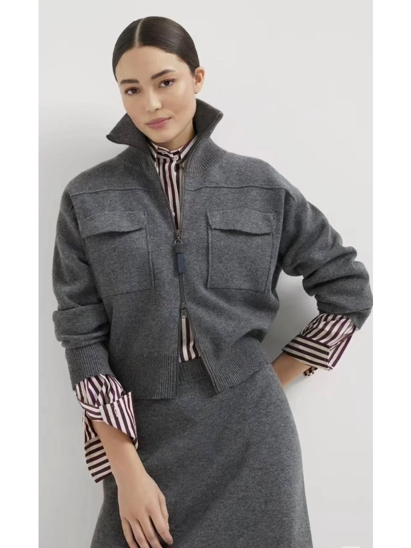 Brunello Cucinelli Exclusive Imported Cashmere Knit Collared Jacket Coat in Grey