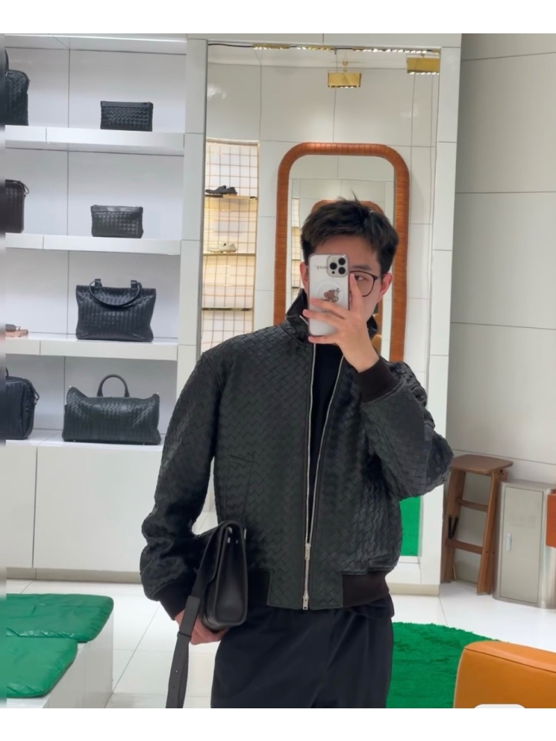 Bottega Veneta Luxe Woven Leather Baseball Jacket in Black - Vintage Modern Style