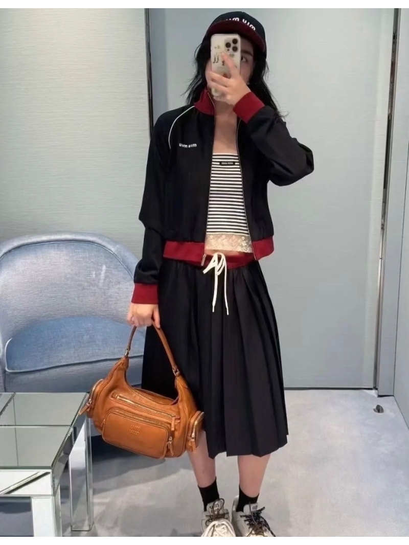 Miu Miu Pleated Midi Skirt in Navy Blue - Luxe Wool Blend with Contrast Ribbon Waist