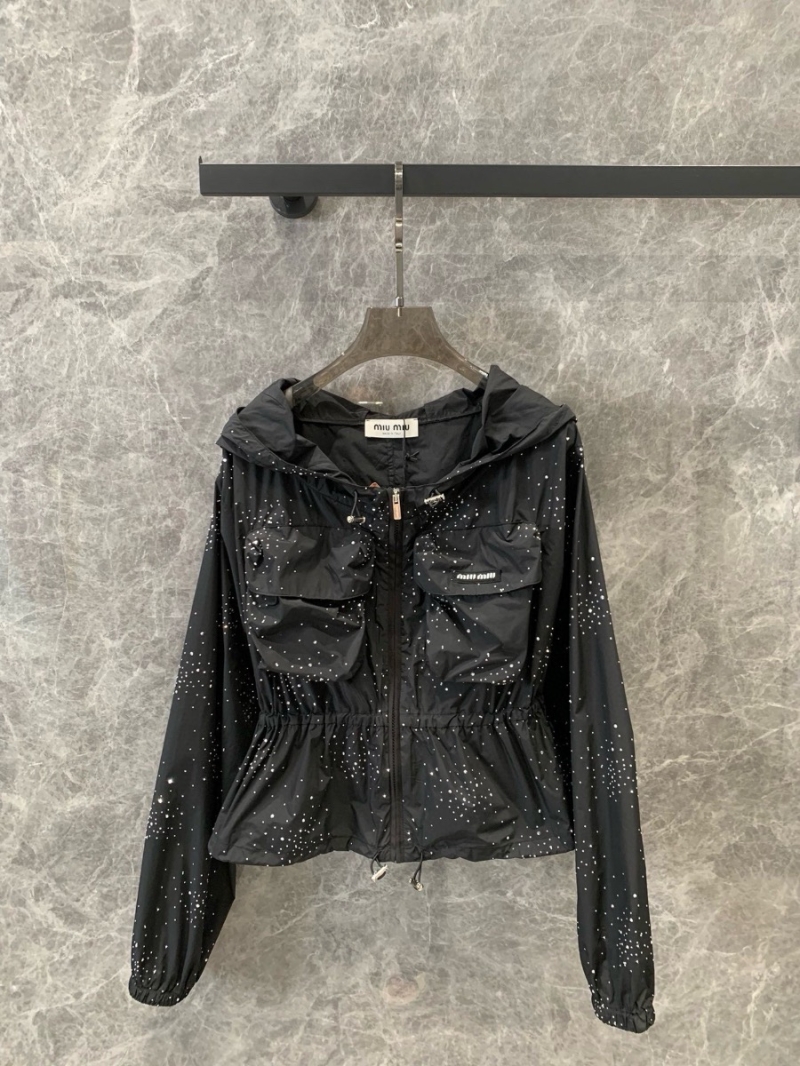 Miu Miu 24SS Spring/Summer Star Rhinestone Two-Pocket Zip-Up Sun Protection Jacket Black