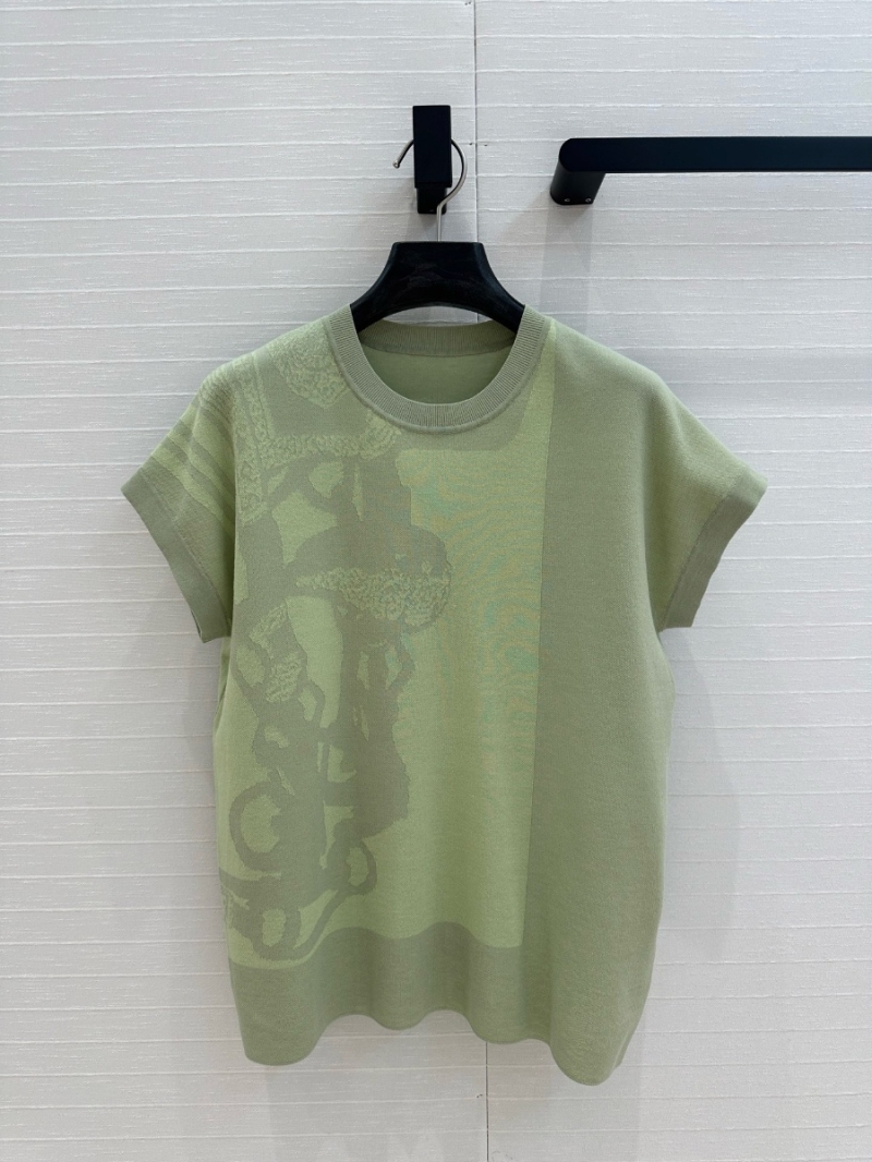 Hermes 25s Spring/Summer Color-Block Jacquard Knit Short Sleeve Top Green
