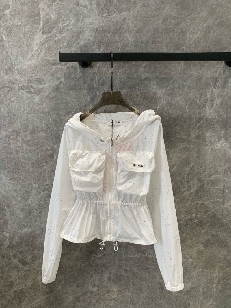 Miu Miu 24SS Spring/Summer Star Rhinestone Two-Pocket Zip-Up Sun Protection Jacket White