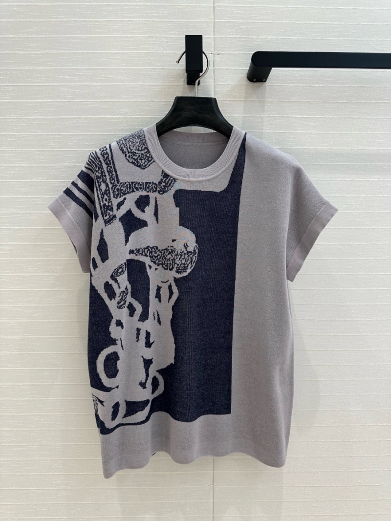 Hermes 25s Spring/Summer Color-Block Jacquard Knit Short Sleeve Top Grey