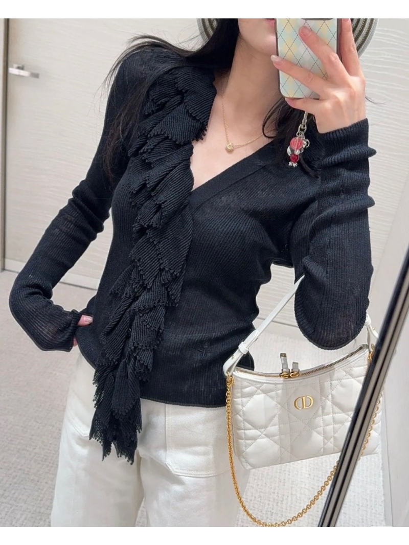 Dior Miss Dior V-Neck Cardigan Jacket in Black - Luxe Detachable Lace Collar & Slim-Fit Silhouette