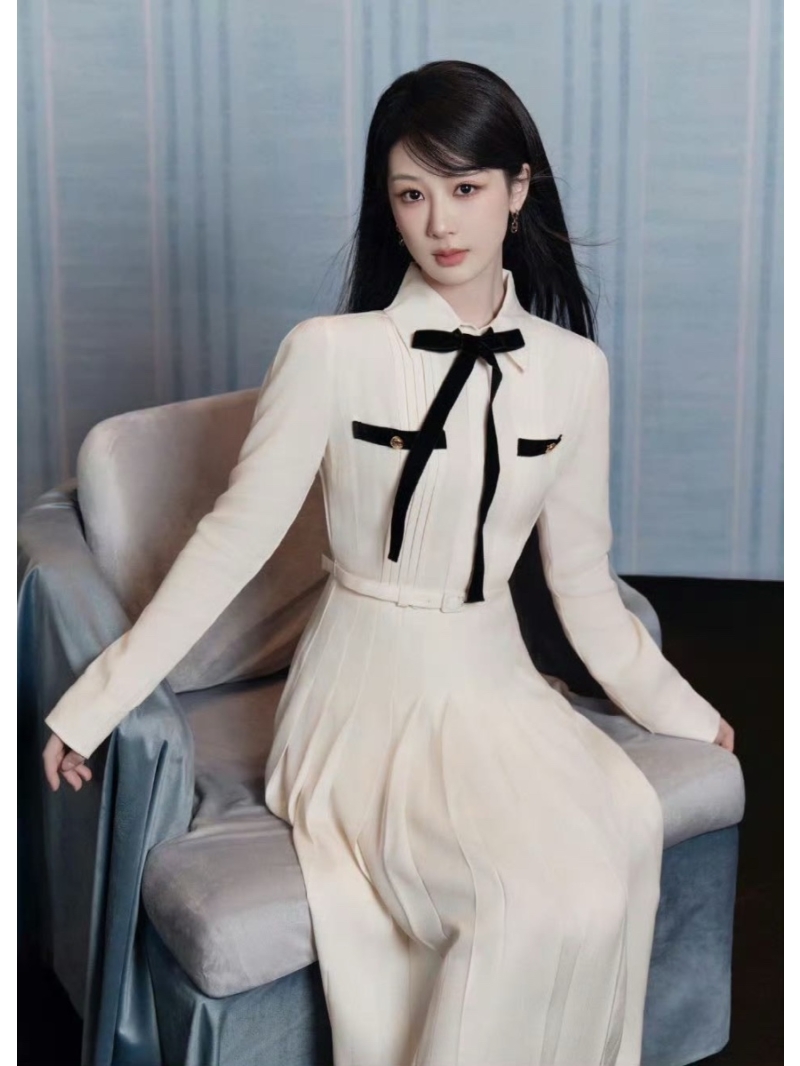 Prada Early Spring Elegant Beige Dress with Velvet Bow