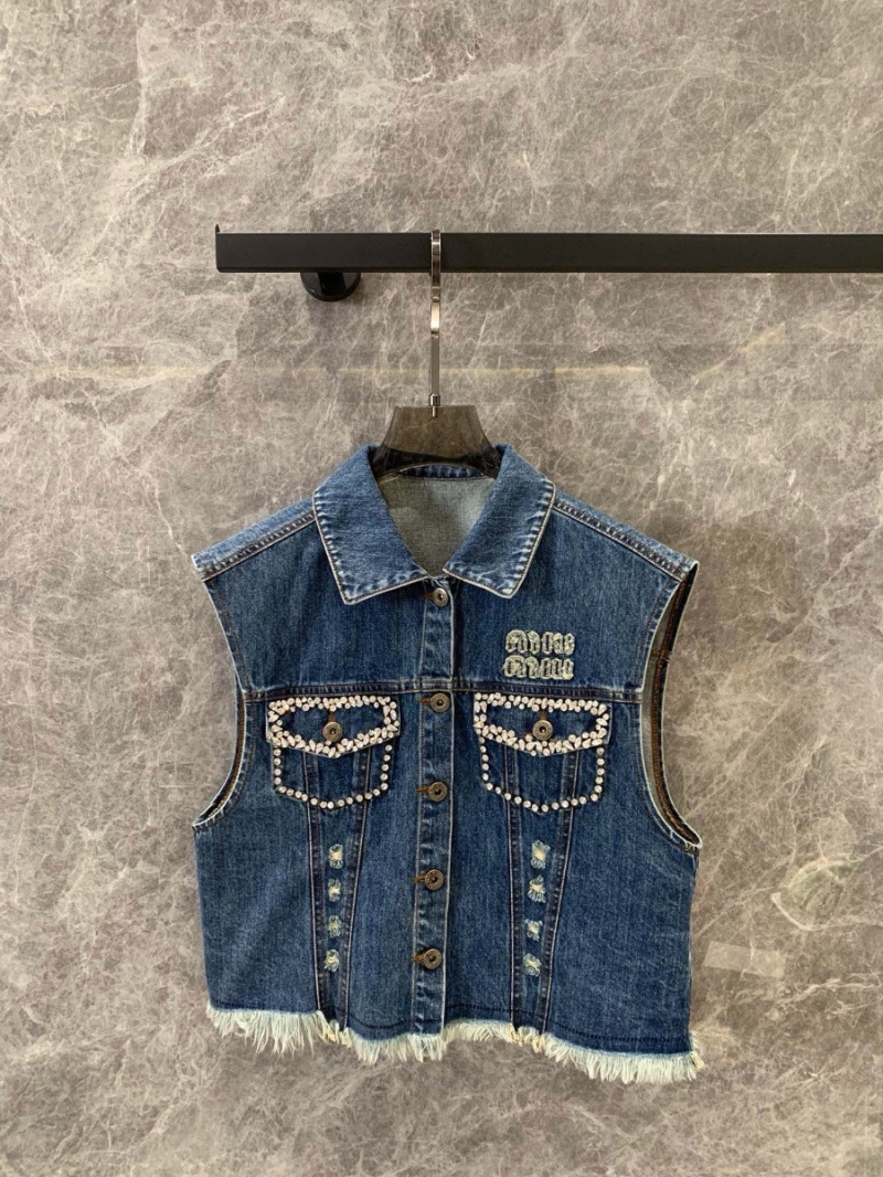 Miu Miu 24Fw Early Autumn New Beaded Frayed Collar Denim Vest
