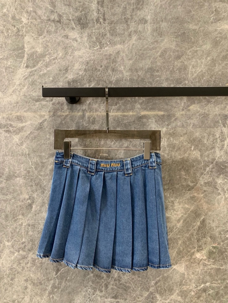 Miu Miu 24Fw Early Autumn New Vintage Blue Soft Denim Low-Waist Pleated Skirt
