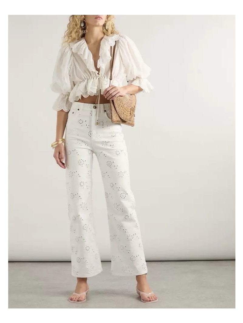 Chloe Exclusive White Denim Jeans with Lace Embroidery - Straight Cut for a Slimming Effect