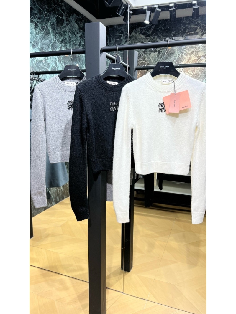 Miu Miu Fall 2024 Rhinestone Embellished Cropped Cashmere Sweater
