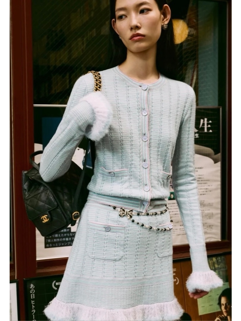 Chanel 25B Exclusive Luxe Pink-Blue Knit Cardigan with Princess-Style Fur Trim