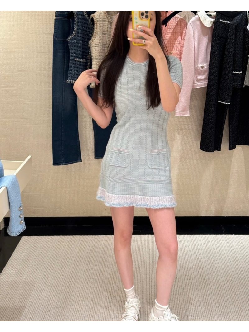 Chanel Exclusive 25B Collection Luxe Round Neck Knit Short Sleeve Dress in Powder Blue