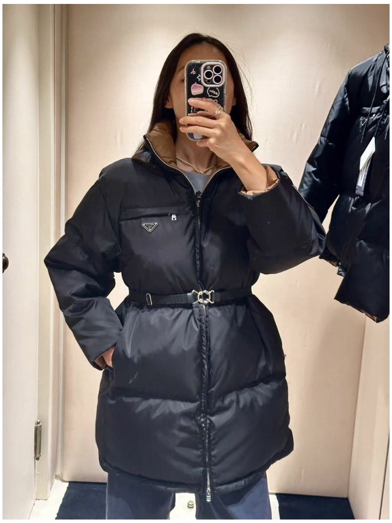 Prada Exclusive Belted Mid-Length Down Jacket with Stand Collar - Luxe Winter Essential