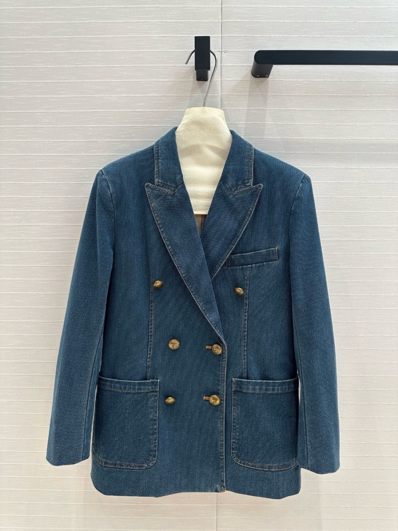 Prada Double-Breasted Denim Blazer with Distressed Metal Buttons