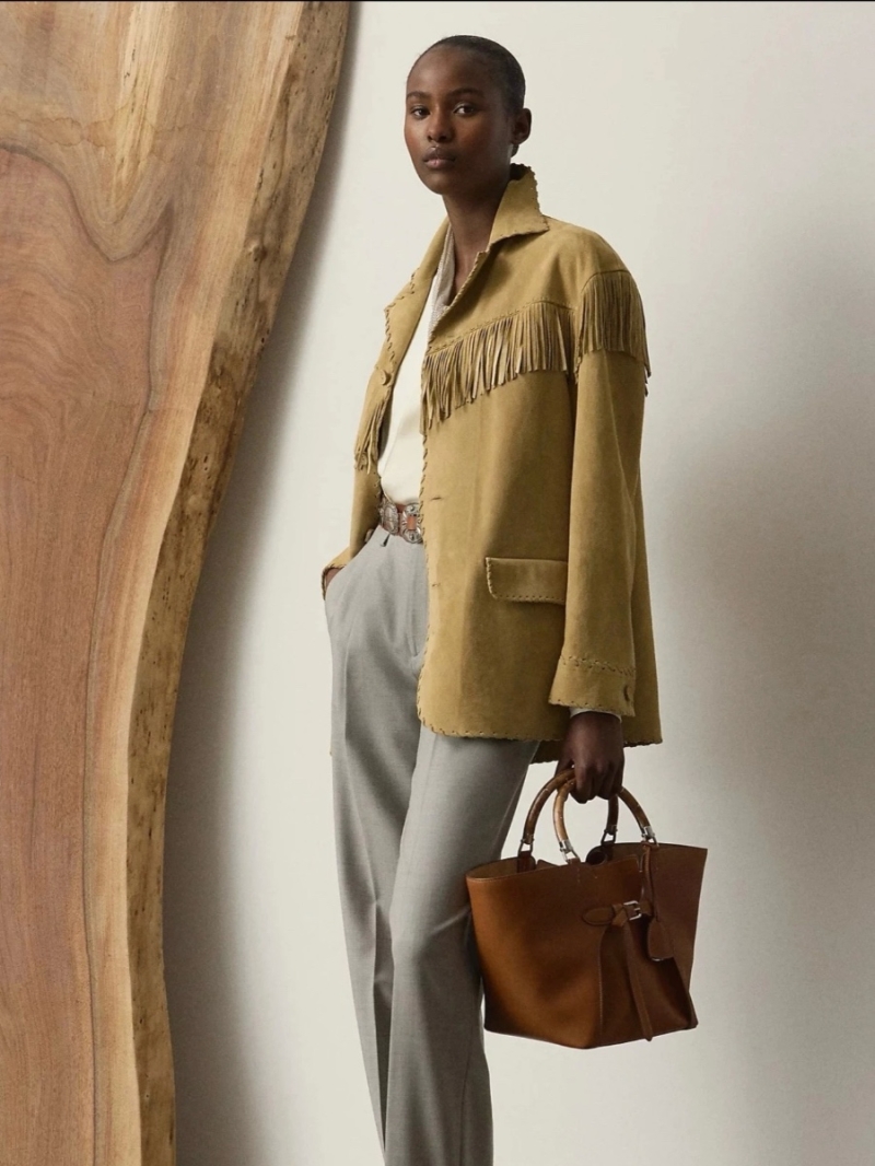 Ralph Lauren Exclusive Purple Label Suede Fringe Blazer in Khaki