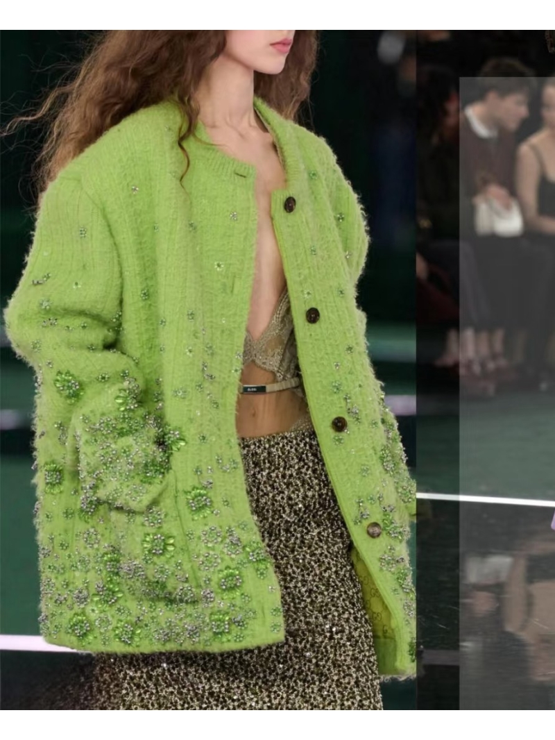 Gucci GG Luxe Hand-Beaded Cashmere Cardigan in Apple Green - American Prep Style V-Neck