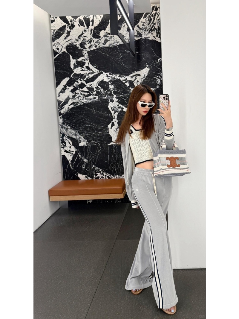 Celine Exclusive Velvet Bomber Jacket & Pants Set in Light Gray