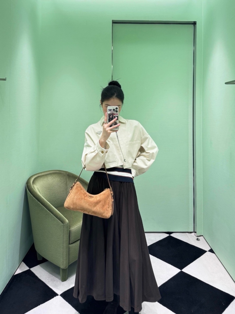 Prada 25FW Early Autumn Denim Jacket with Zip and Metal Logo - Light Beige