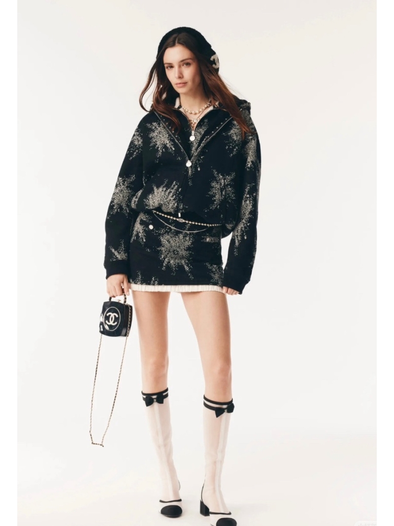 Chanel Coco Girl 25B Fireworks Short Hoodie - Luxe Jacquard Cotton Fleece with Pendant Accents