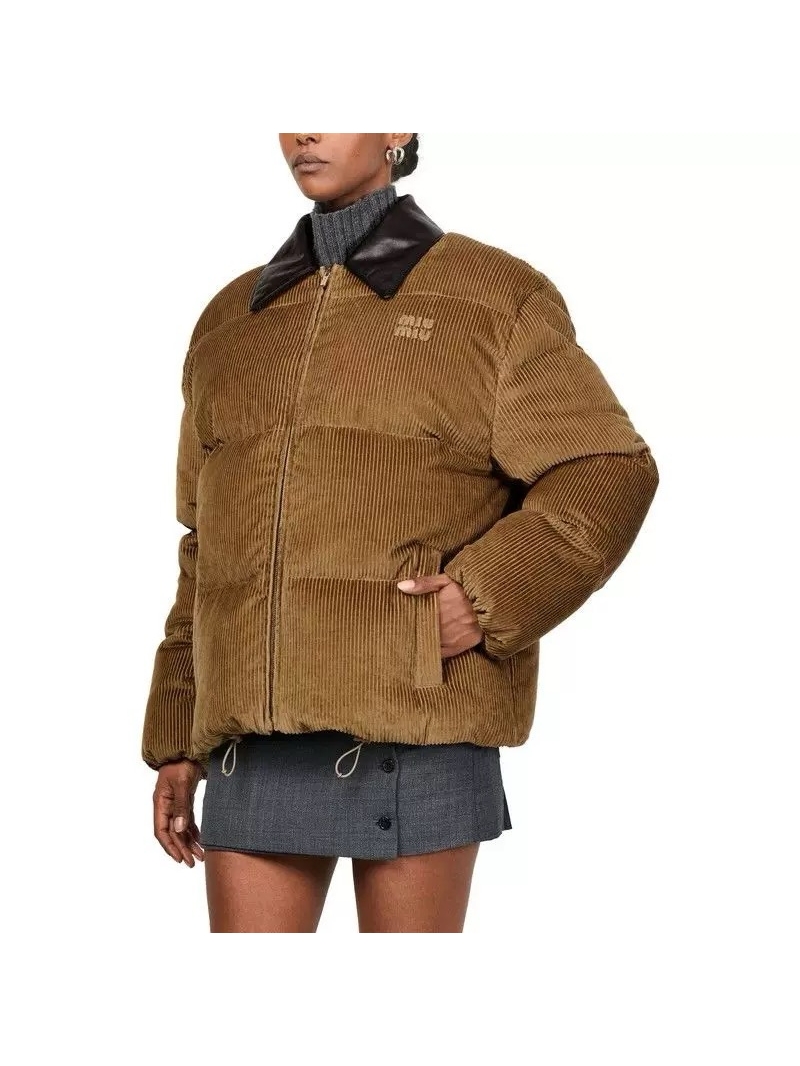 Miu Miu Exclusive Corduroy Down Jacket with Genuine Leather Collar - Caramel