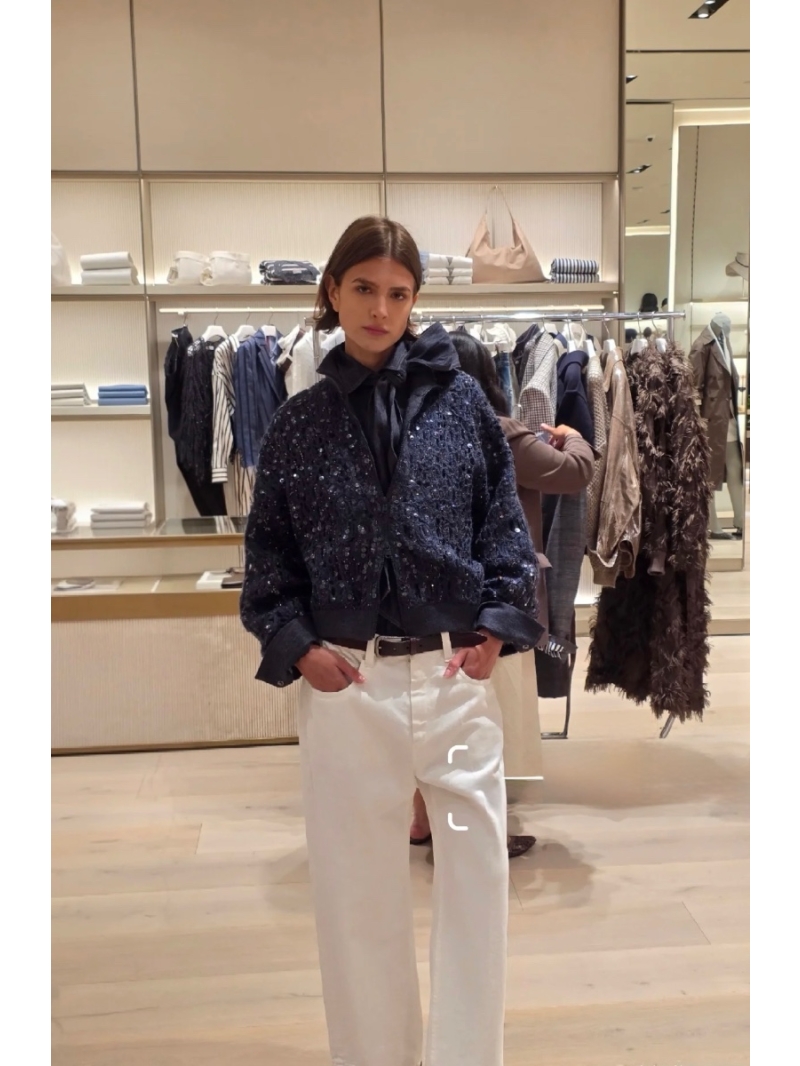 Brunello Cucinelli Luxe Cashmere Baseball Jacket in Deep Blue - Exclusive High-End Embroidered Cardigan