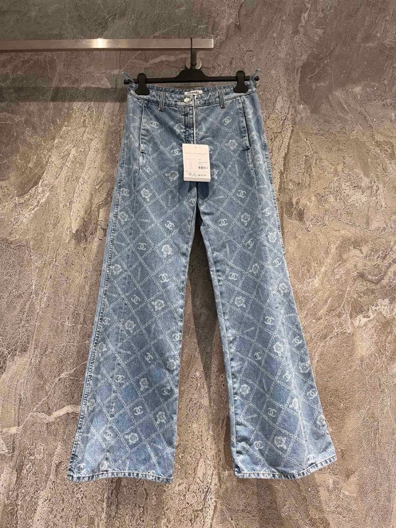 Chanel CC Laser-Cut Camellia Wide-Leg Jeans Washed Denim jeans