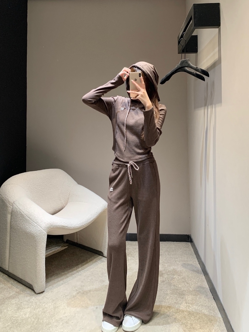 Miu Miu Cropped Hoodie & Wide-Leg Pants Set in Caramel | Luxe Sporty Style with Signature Logo Details
