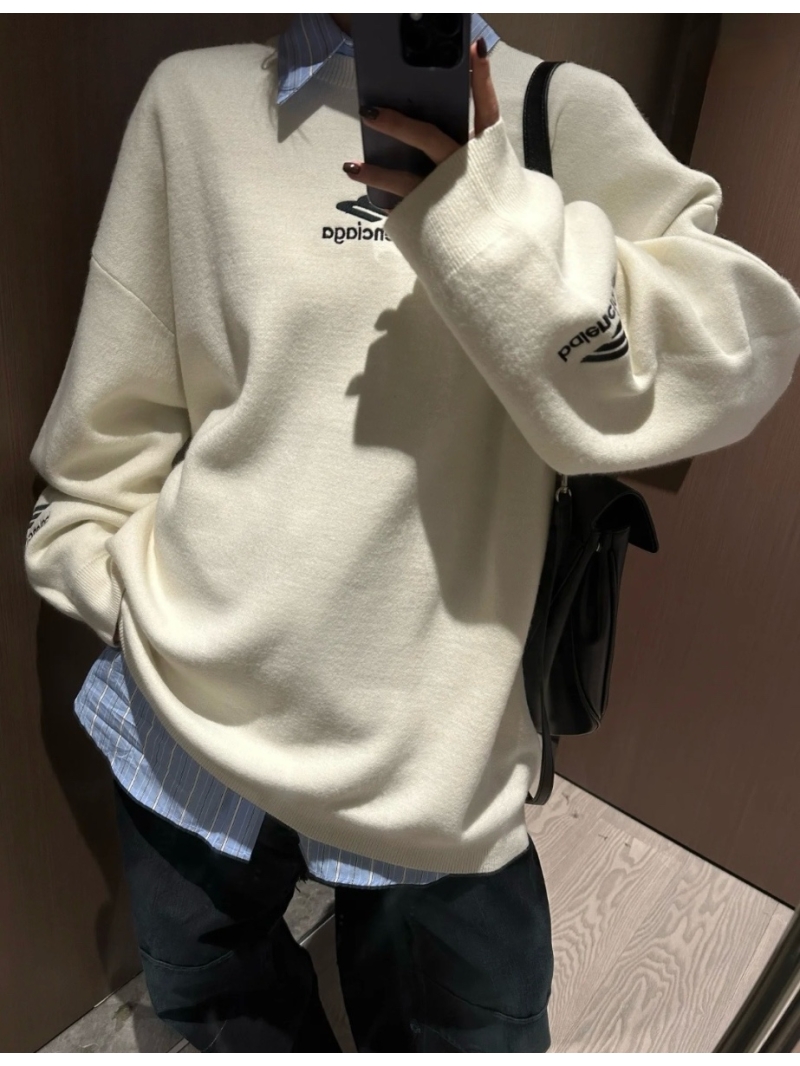 Balenciaga 24FW Unisex Oversized Wool Sweater with Letter Embroidery Creme
