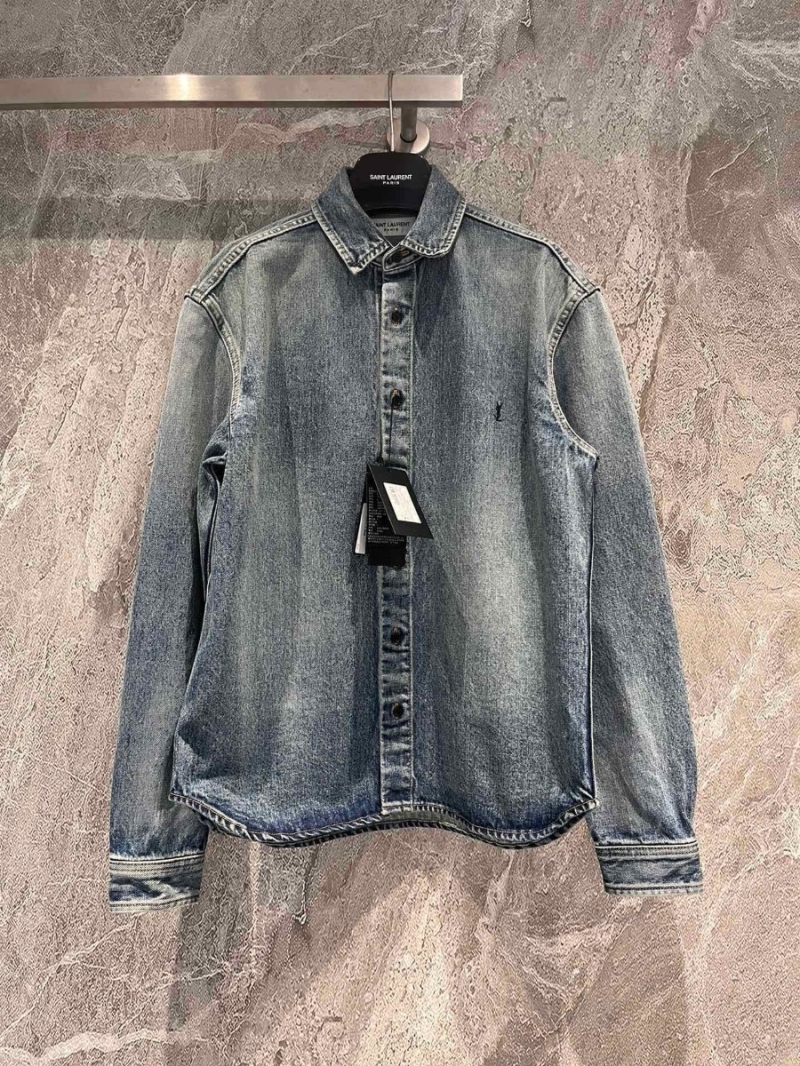 Saint Laurent YSL 23FW Unisex Retro Letter Embroidered Imported Washed Denim Shirt Jacket