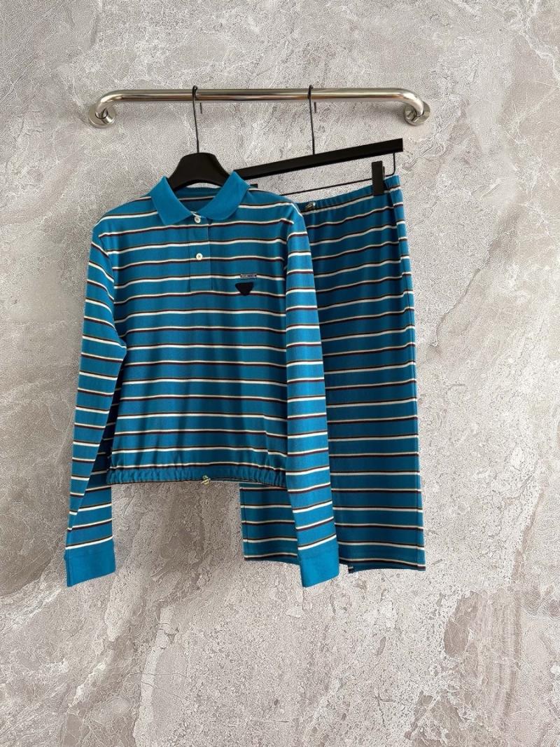 Prada 2025 Summer Spring Striped Cotton Polo Shirt – Classic Elegance with Vibrant Contrast Blue