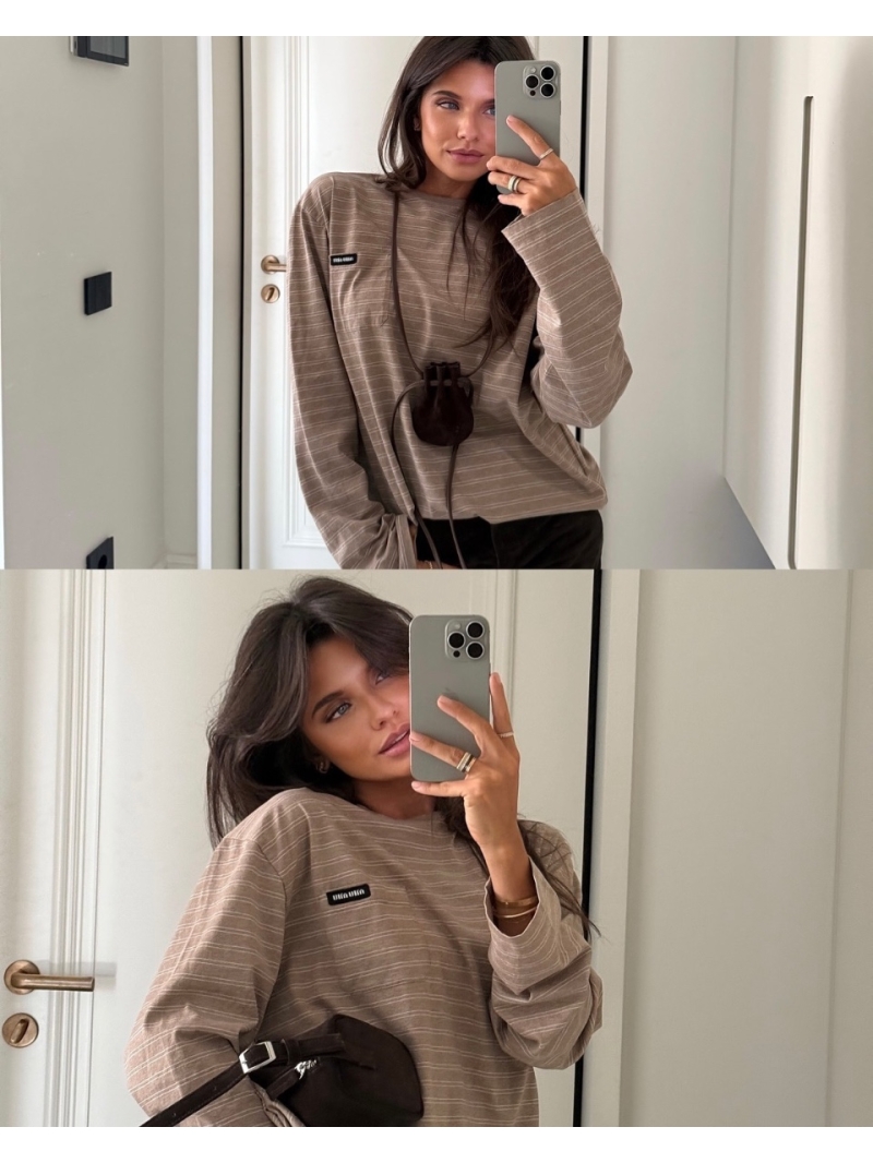 Miu Miu Oatmeal Striped Long-Sleeve Tee – Effortless Comfort and Style