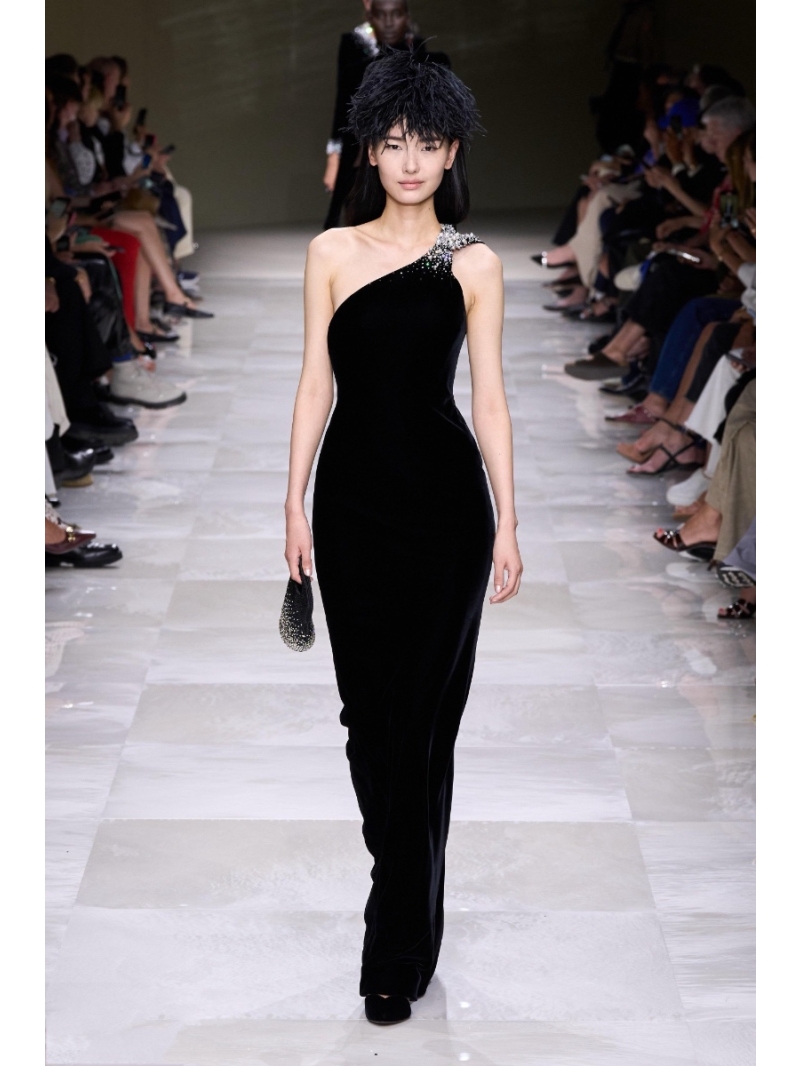 Balmain New Velvet Gown with Crystal-Embellished Shoulder