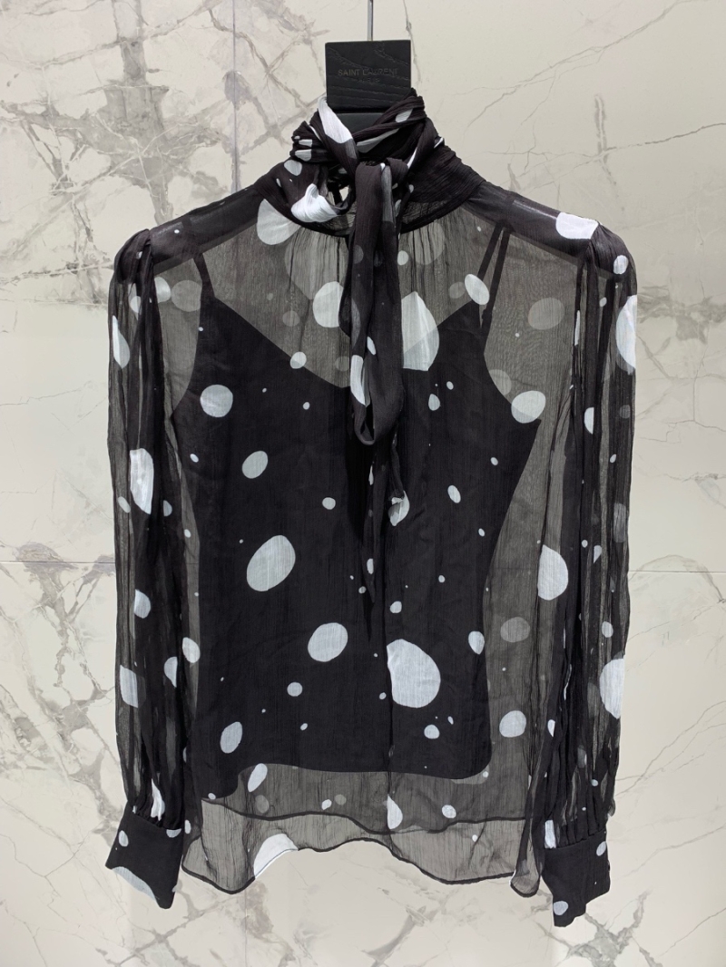YSL Saint Laurent Polka Dot Silk Shirt with Tie Detail