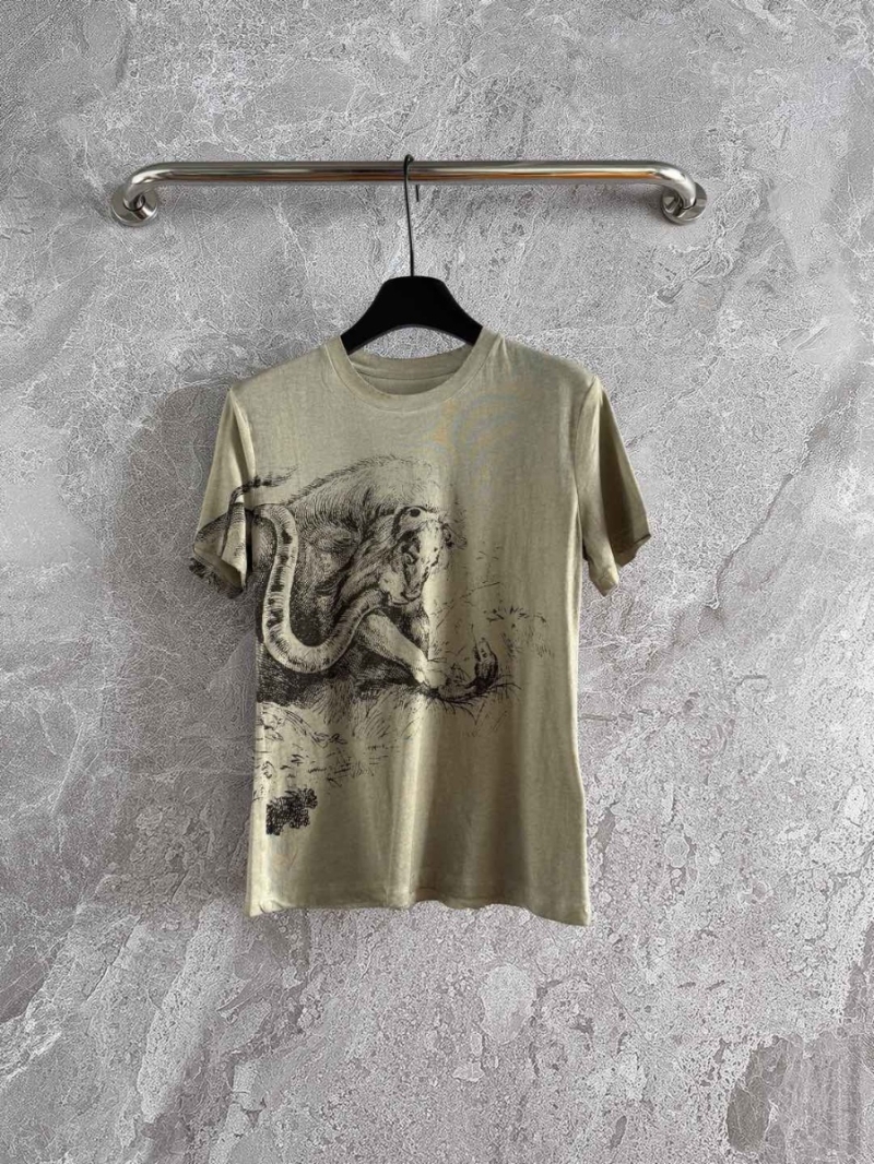 Dior Lion Graphic T-Shirt green – Artisanally Distressed Cotton-Linen Blend