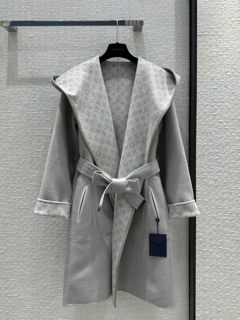 Louis Vuitton LV Classic Monogram Wool Hooded Coat Light Grey 